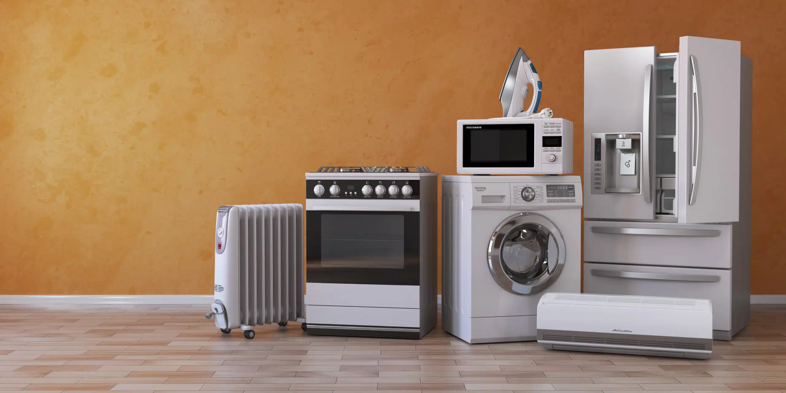 A collection of home appliances including a refrigerator, washing machine, oven, and heater placed against an orange wall with a search bar and buttons for 'Shop', 'Categories', and 'Deals'.